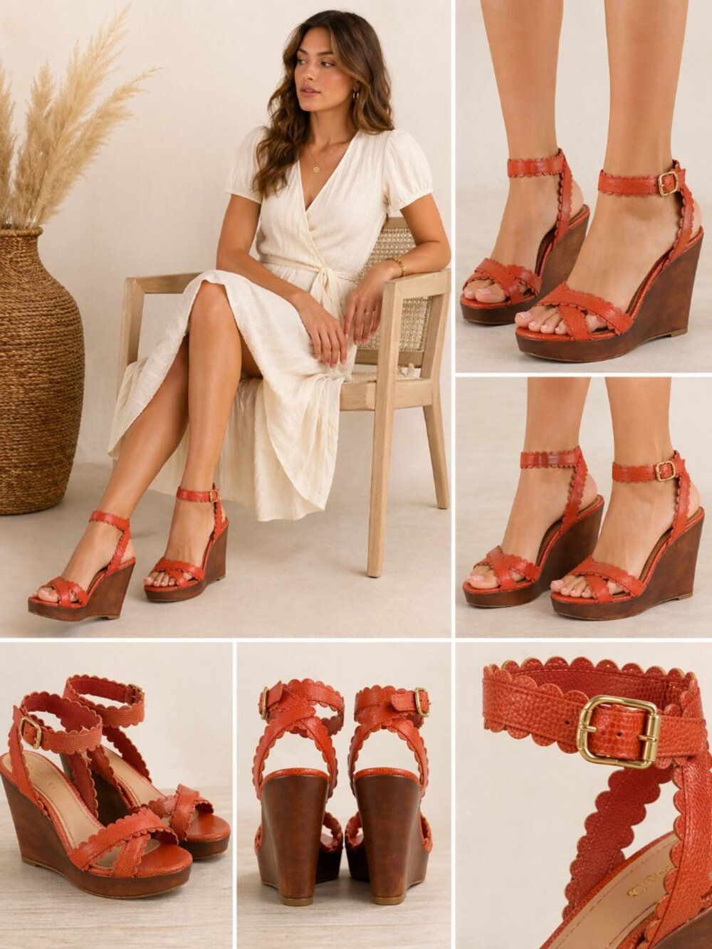 See By Chloé Scalloped Leather Wedge Sandals 39.5 (US 8) Burnt Orange